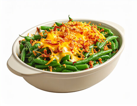 Green bean casserole with cheddar cheese and crispy fried onions, white backdrop. AI