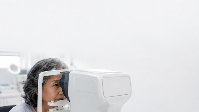 Senior Woman Getting Eye Exam with Modern Autorefractor