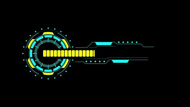 Sci Fi HUD progress. Suitable for futuristic gaming ui designs, this neon blue and yellow circular hud element adds dynamic visual interest. Perfect for gaming graphics.
