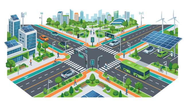 Green City Intersection: Sustainable Urban Future with EVs, Solar Power & Public Transport