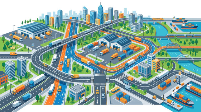 Busy Logistics Hub: City Interchanges, Warehouses, Trucks, Ships and Trains