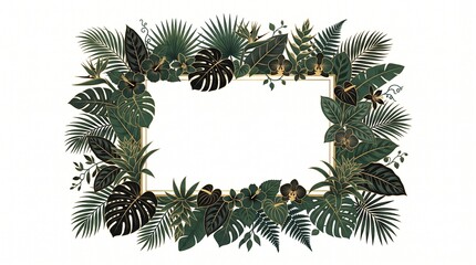 Naklejka premium Elegant tropical leaf frame with gold accents perfect for wedding invitations and event design
