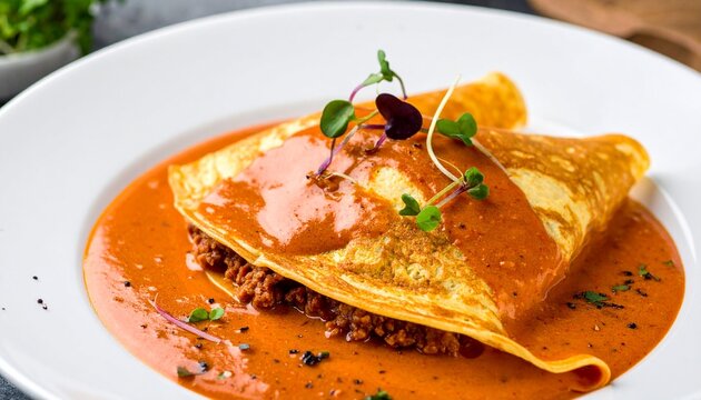 Hortobagyi palacsinta savory crepe. Hungarian meat filled pancake topped with rich paprika and sour cream sauce.