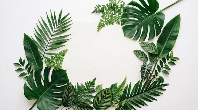 Lush tropical foliage wreath on white background perfect for botanical design and branding