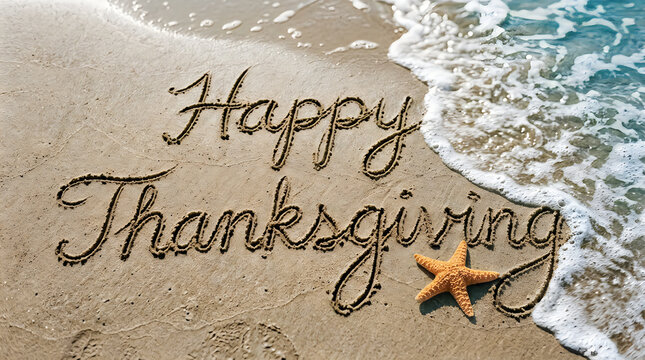 Happy thanksgiving message written in sand on beach with starfish