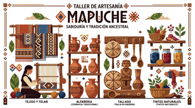 Mapuche craft workshop showing traditional weaving pottery wood carving and natural dyes.