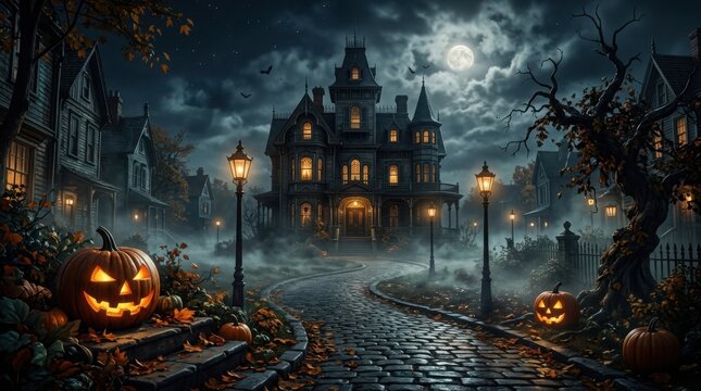 Halloween scene with haunted house and jack o lanterns