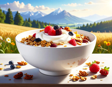 Yogurt with granola and berries, white bowl. AI