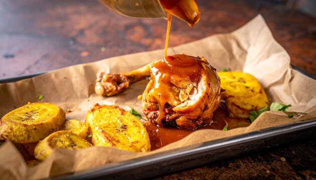 Pollo chulo with gravy sauce. Pouring rich savory brown sauce over roasted chicken leg and golden baked potatoes.