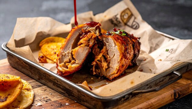 Roasted stuffed pollo chulo. Close up of delicious baked chicken meat roll with savory filling served on parchment paper.