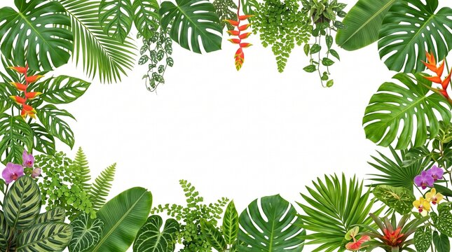 Lush tropical foliage frame monstera ferns orchids and heliconia on white background