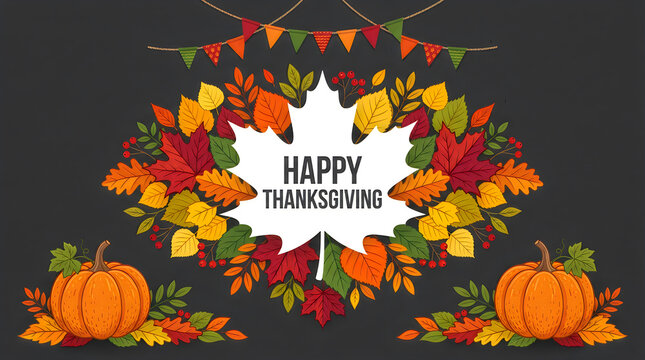 Happy thanksgiving illustration with colorful autumn leaves and pumpkins
