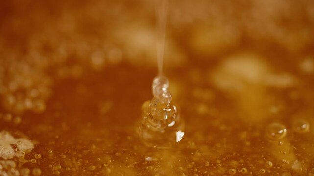 Honey dripping from honeycombs extreme macro. Natural bees, skincare, cosmetics, herbal remedies, wellness, aromatherapy, perfumes and pharmaceutical formulations.