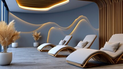 Fototapeta premium Serene Contemporary Wellness Room with Relaxation Loungers and Warm Ambient Lighting