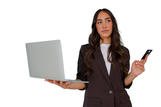 Woman holding laptop and credit card, shopping online, making e-commerce payments on transparent background