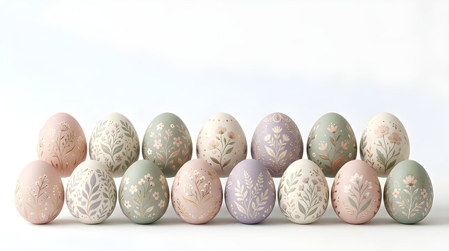 Collection of beautifully decorated Easter eggs in blush pink, sage green, lavender and cream with subtle floral ornaments, isolated on white background, clean composition, copy space, 