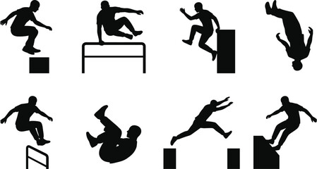 Parkour and freerunning silhouettes set featuring male athletes jumping vaulting and flipping over obstacles isolated on white background © Robiul