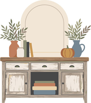 Cozy autumn console table with mirror pumpkins books and vases on wooden stand vector.