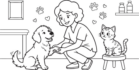 Veterinary Clinic Coloring Page for Kids, Cute Female Doctor Checking Dog Paw with Cat on Stool, Animal Hospital Outline Doodle Vector Illustration