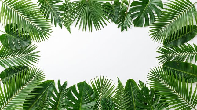 Lush tropical foliage frame monstera ferns and palm leaves on white background