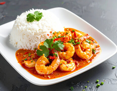 Stir-fried spicy garlic shrimp in red sauce, white rice, white plate. AI