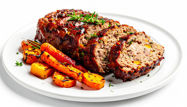 Meatloaf with roasted carrots, white serving platter. AI