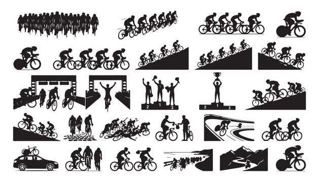 Comprehensive set of professional road cycling silhouettes including peloton, finish line, podium, and crashes.