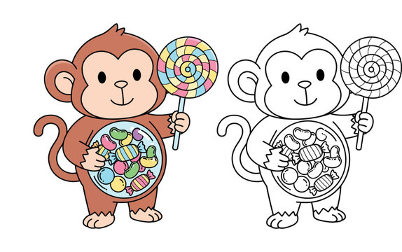 Cute Cartoon Monkey with Candy-Filled Belly Bowl and Rainbow Lollipop Vector Illustration