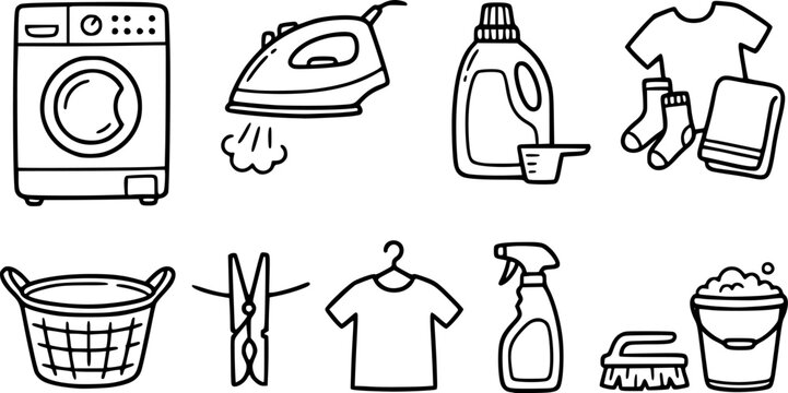 Hand-drawn laundry and cleaning icon set with washing machine, iron, detergent, and clothes in a simple black and white doodle style illustration for household chores concepts