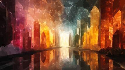 Fototapeta premium Vibrant fantasy cityscape with glowing towers and surreal digital lighting effects