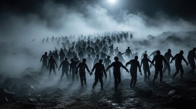 Zombie horde emerging from mist a dramatic horror scene