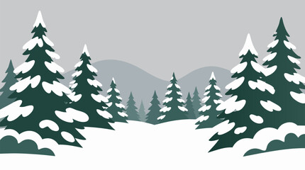 Fototapeta premium Snow covered pine forest vector landscape with layered evergreen trees, rolling white drifts, misty hills and soft gray winter sky, peaceful alpine wilderness background for seasonal design