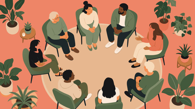 Diverse support group seated in a welcoming circle sharing stories, empathetic counselor and lush plants on coral background, warm vector illustration for therapy, healing and community care