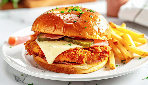 Chicken cordon blue sandwich, brioche bun with pickles, cheese, ham and a chicken patty, diner style. AI