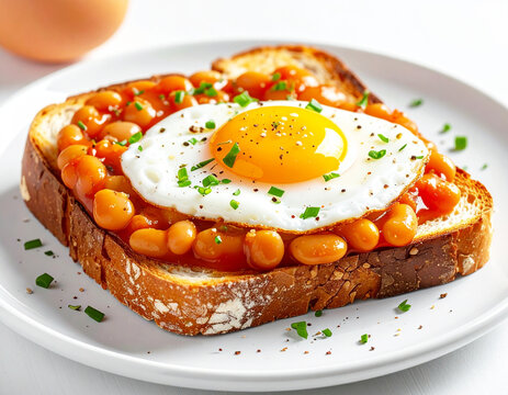 Fried egg on baked beans on toast, white plate, closeup. AI