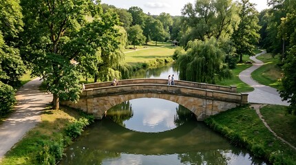 Fototapeta premium Serene garden pond with wooden bridge and bench.