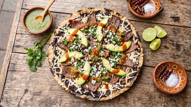 tlayuda mexican flatbread topped with grilled beef and avocado on a rustic wooden table