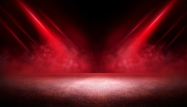 the dark stage shows red background an empty dark scene neon light spotlights the asphalt floor and studio room with smoke float up the interior texture for display products