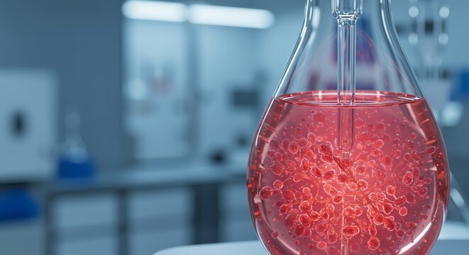 Macro shot of a cell culture growth medium in a bioreactor flask.