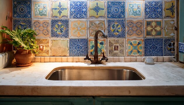 a rustic kitchen or bathroom scene with an aged mediterranean style tile backsplash the weathered colorful patterns create a warm vintage and inviting atmosphere for interior design concepts
