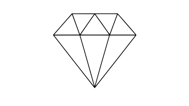 A geometric black line vector illustration of a faceted diamond shape composed of triangles, representing a gemstone, crystal, or precious stone, designed in a minimalist style for jewelry concepts.