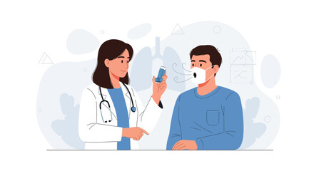 Fototapeta premium Doctor showing patient inhaler for asthma or respiratory disease treatment, medical consultation concept