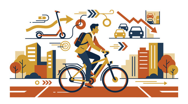 Dynamic urban commuter on an electric bicycle with integrated cityscape elements, illustrating sustainable transport solutions, concept for smart city development, environmental campaigns and modern