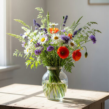 vibrant bouquet of colorful wildflowers in a glass vase on a rustic wooden table with natural lighting