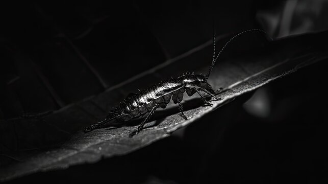 Black insect on leaf with dark background.