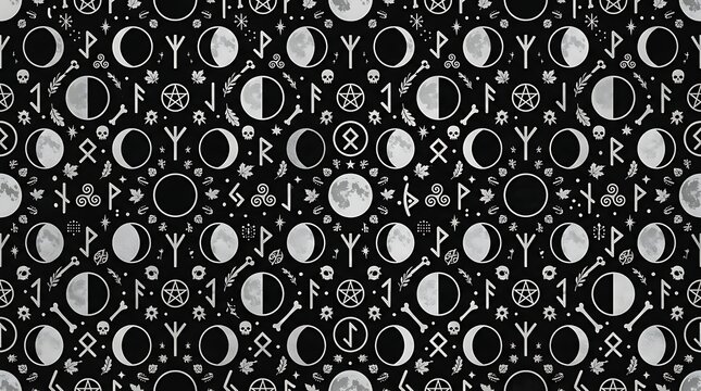 Seamless pattern of mystical occult symbols and moon phases