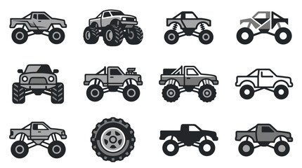 Professional Set of 13 Black and White Off Road Monster Trucks and Tires Icons for Design Projects © Puput