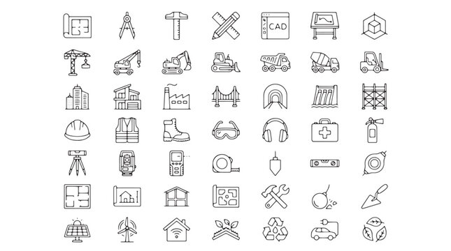Construction and engineering line icons set, 49 industrial architecture vector symbols, civil engineering equipment and building site tools collection