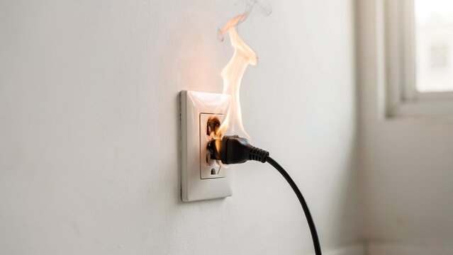 Electrical outlet fire hazard with burning cord, smoke damage, short circuit danger, home safety risk prevention concept, flat vector illustration