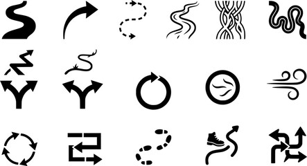 Obraz premium 24 Path, Route and Direction Outline Icons Set with Curved Arrows, Roads, Trails, Wind and Flow Symbols